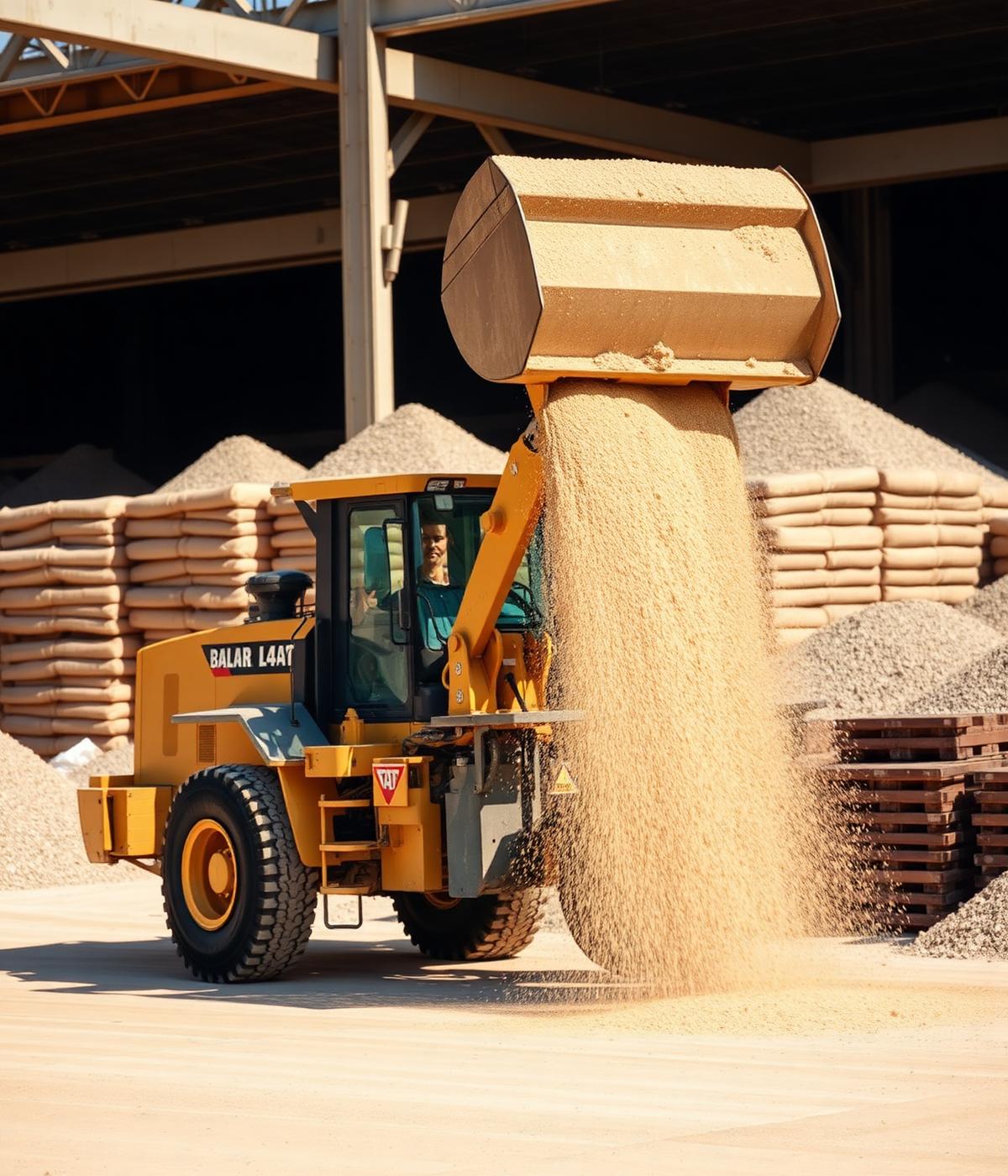 Wheel loader filling building sand at a construction material depot