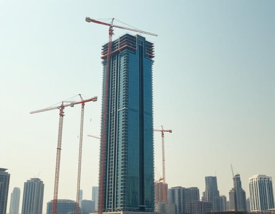 Commercial tower under construction with cranes