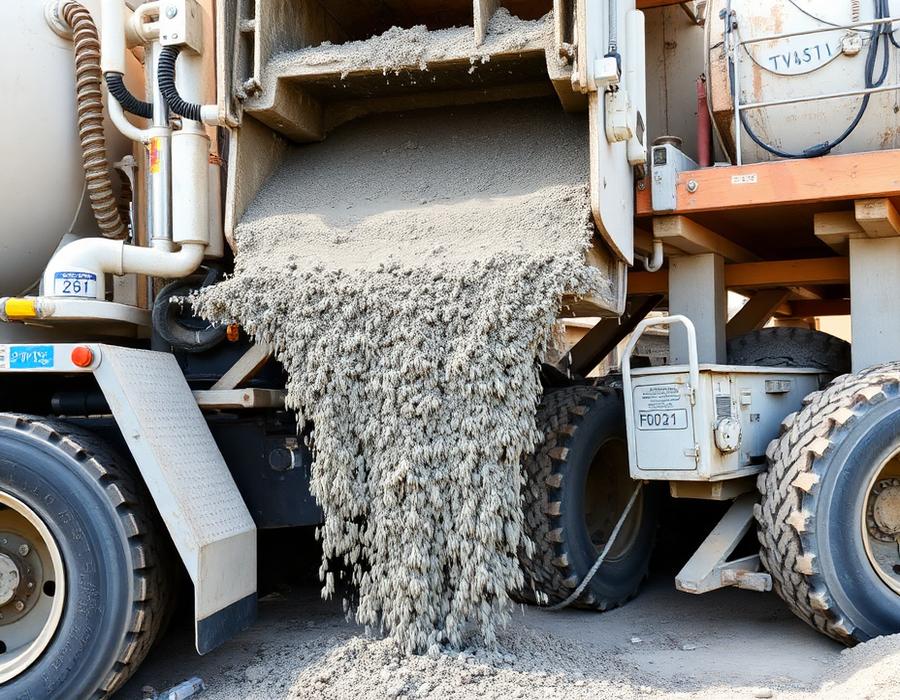 Concrete being poured from a mixer truck chute