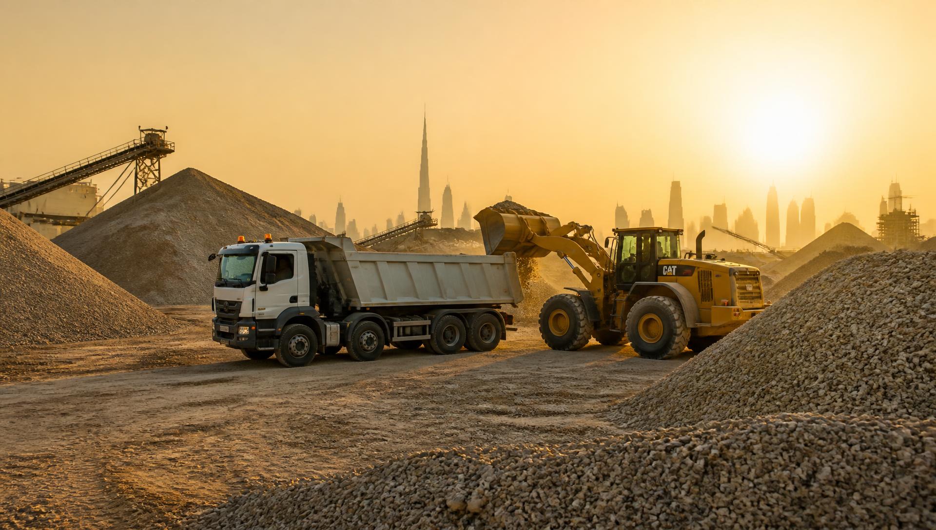Dumper truck and wheel loader handling sand and gravel at an aggregate yard near Abu Dhabi